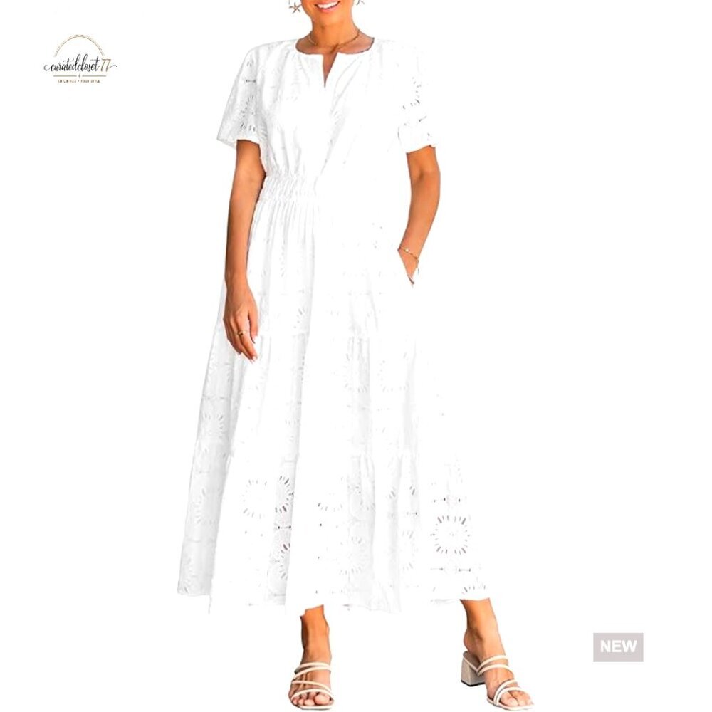 Flowy Maxi Dress Eyelet Lace Short Sleeve Boho Wedding Guest Casual